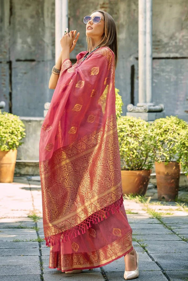 Rose Pink Banarasi Tissue Silk Saree