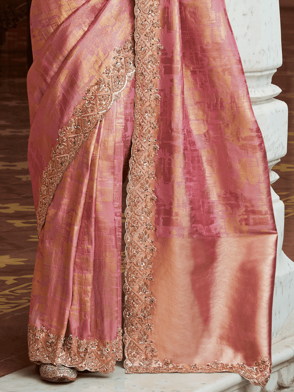Rose Pink Banarasi Tissue Silk Saree
