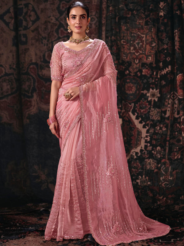 Rose Pink Embroidered Designer Organza Silk Saree