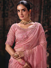 Rose Pink Embroidered Designer Organza Silk Saree, blouse close-up