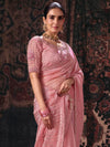 Rose Pink Embroidered Designer Organza Silk Saree, side view