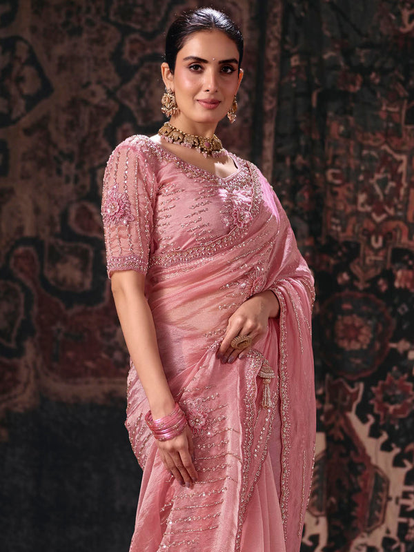 Rose Pink Embroidered Designer Organza Silk Saree, side view