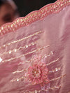 Rose Pink Embroidered Designer Organza Silk Saree, pallu detail