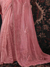 Rose Pink Embroidered Designer Organza Silk Saree, border and drape