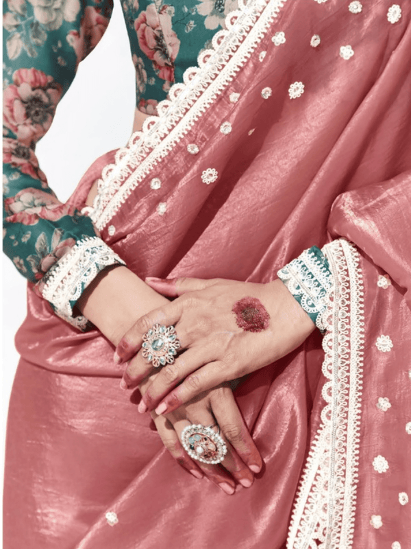 Rose Pink Embroidered Designer Satin Silk Saree