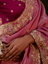Rose Pink Embroidered Designer Tissue Silk Saree With Contrast Blouse