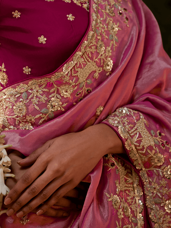 Rose Pink Embroidered Designer Tissue Silk Saree With Contrast Blouse