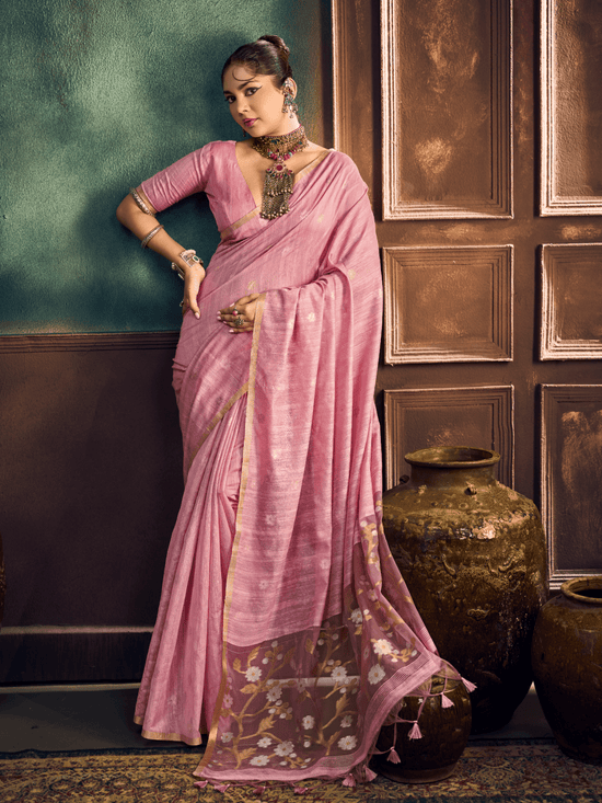 Rose Pink Handloom Jamdani Slub Cotton Saree