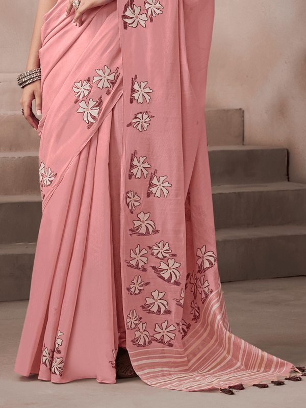 Rose Pink Jamdani Cotton Silk Saree With Contrast Blouse