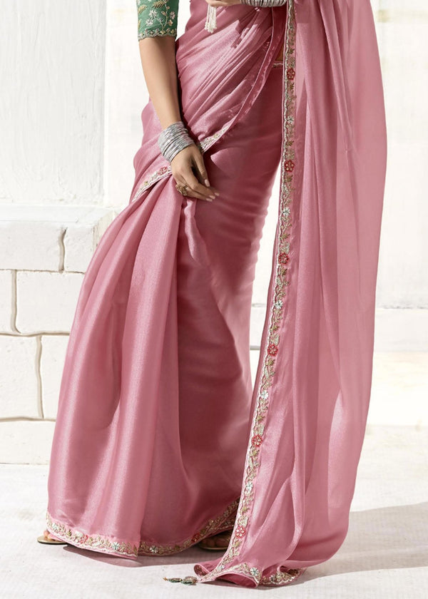 Rose Pink Organza Tissue Silk Saree