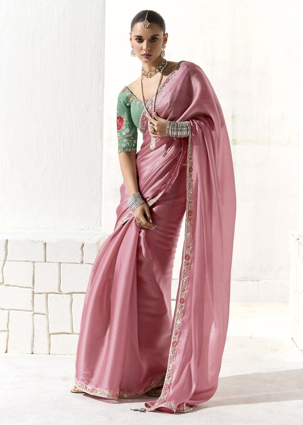 Rose Pink Organza Tissue Silk Saree