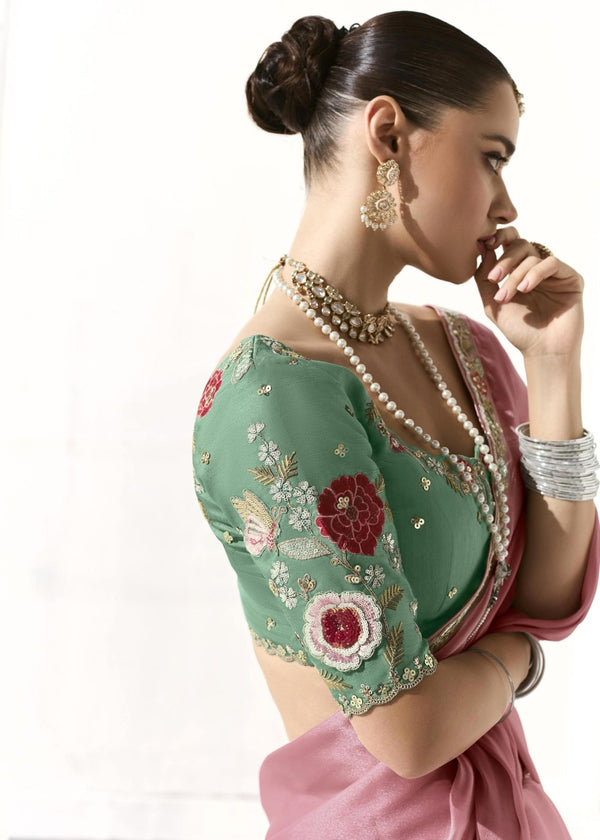 Rose Pink Organza Tissue Silk Saree