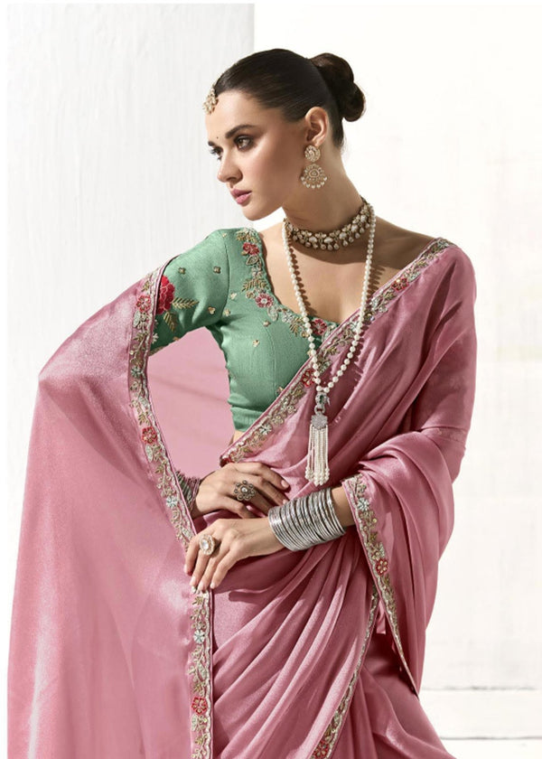 Rose Pink Organza Tissue Silk Saree