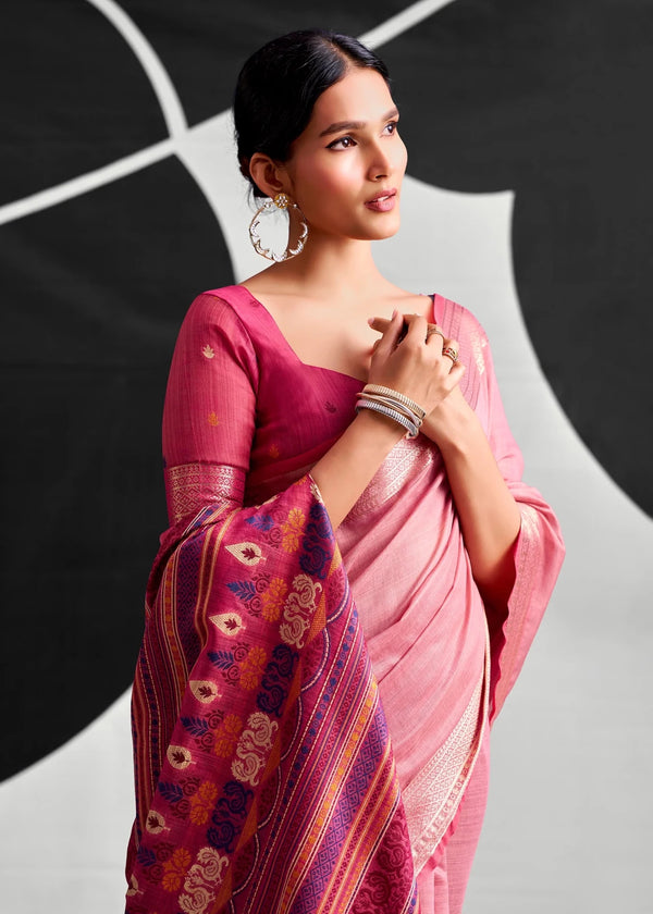 Rose Pink Woven Designer Linen Cotton Saree
