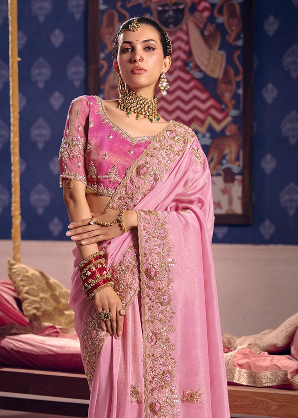 Rose Pink Zari Tissue Designer Embroidered Saree