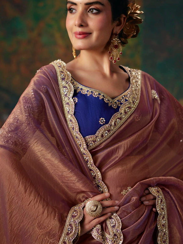 Rosewood Embroidered Designer Tissue Silk Saree, pallu and blouse