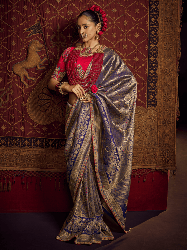 Royal Blue Banarasi Dola Silk Saree With Contrast Blouse