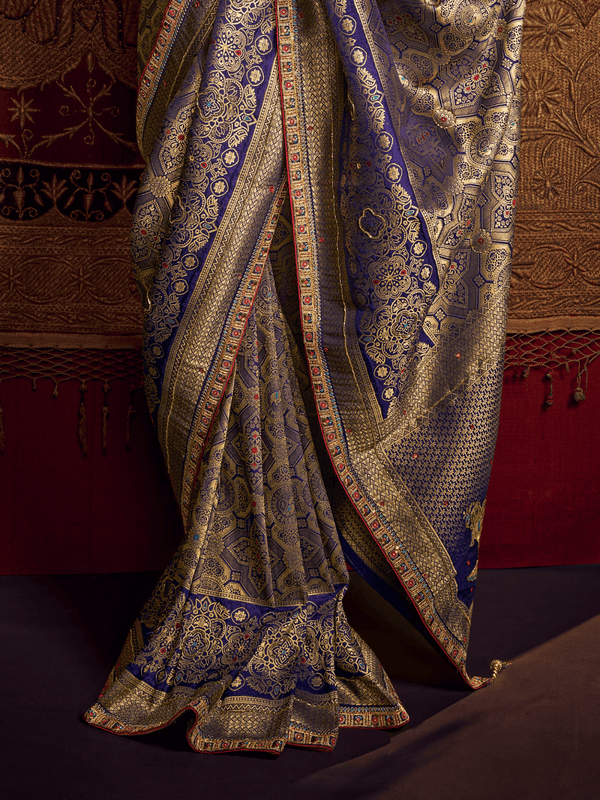 Royal Blue Banarasi Dola Silk Saree With Contrast Blouse