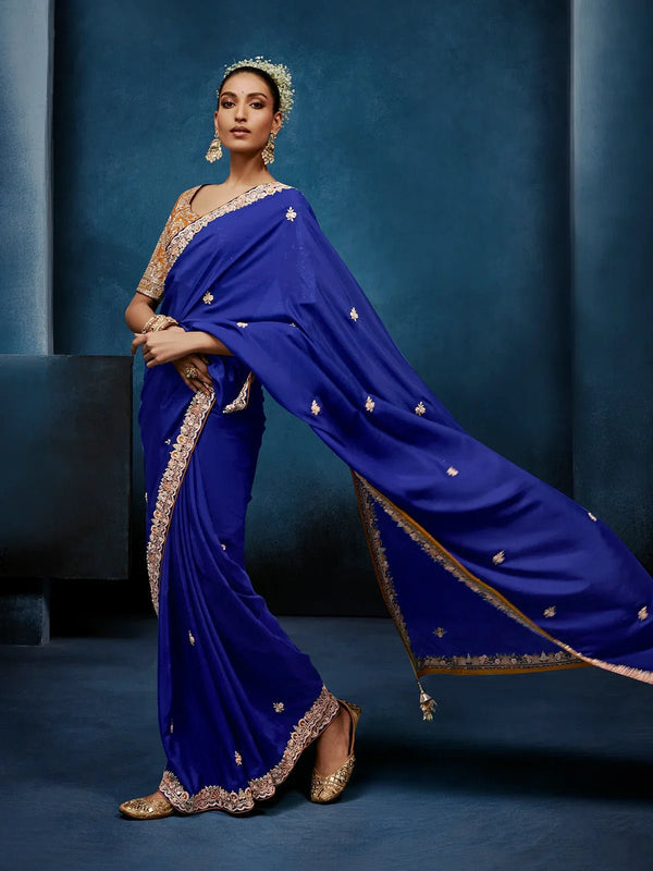 Royal Blue Designer Silk Saree with Contrast Golden Blouse