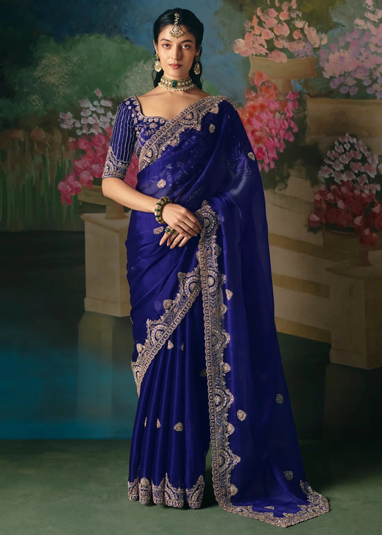 Royal Blue Designer Silk Saree with Heavy Embroidery Work