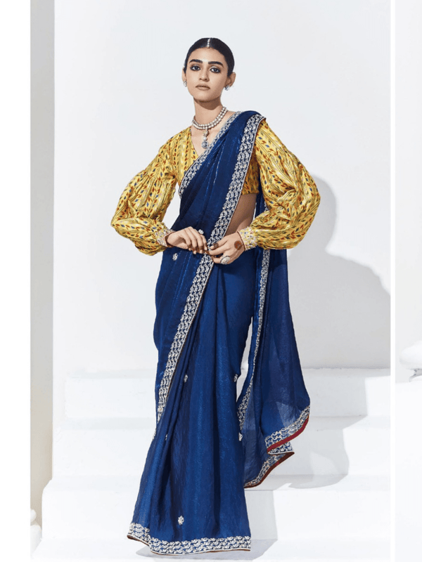 Royal Blue Embroidered Designer Satin Silk Saree