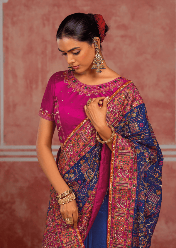 Royal Blue Embroidered Designer Satin Silk Saree