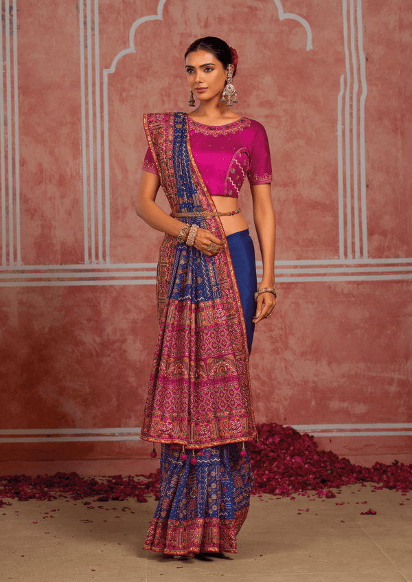 Royal Blue Embroidered Designer Satin Silk Saree