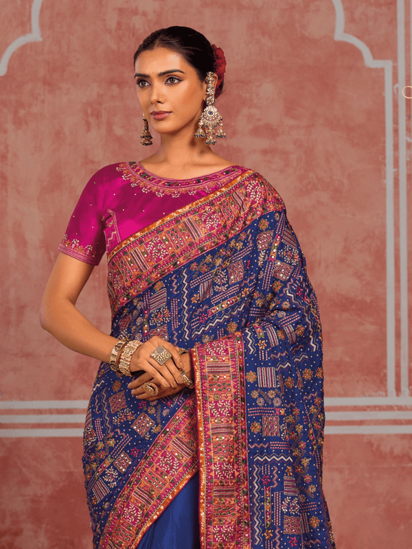 Royal Blue Embroidered Designer Satin Silk Saree