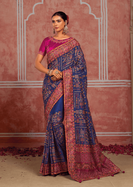 Royal Blue Embroidered Designer Satin Silk Saree