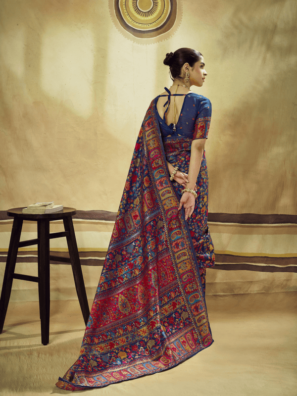 Royal Blue Kashmiri Kani Handloom Cotton Silk Saree