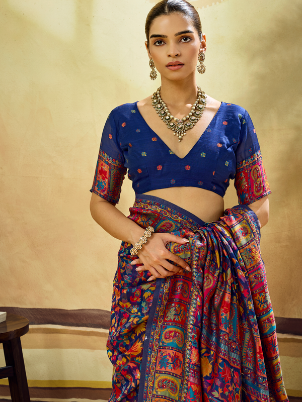 Royal Blue Kashmiri Kani Handloom Cotton Silk Saree