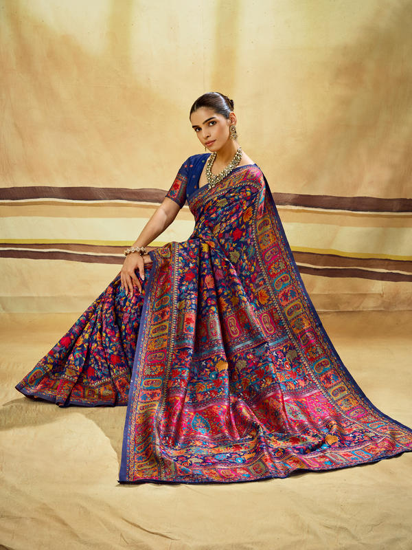 Royal Blue Kashmiri Kani Handloom Cotton Silk Saree