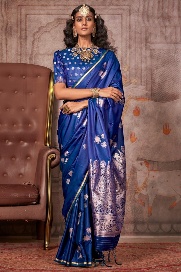 Royal Blue Pichwai Satin Silk Saree