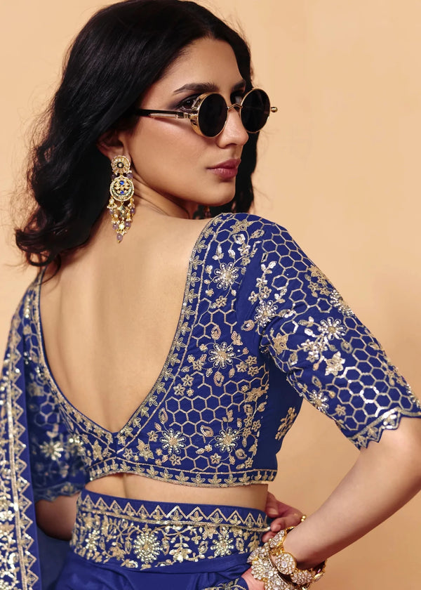 Royal Blue Satin Silk Designer Saree