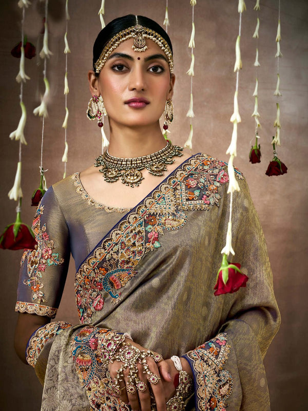 Royal Grey Bridal Zari Woven Pure Tissue Dola Silk Saree