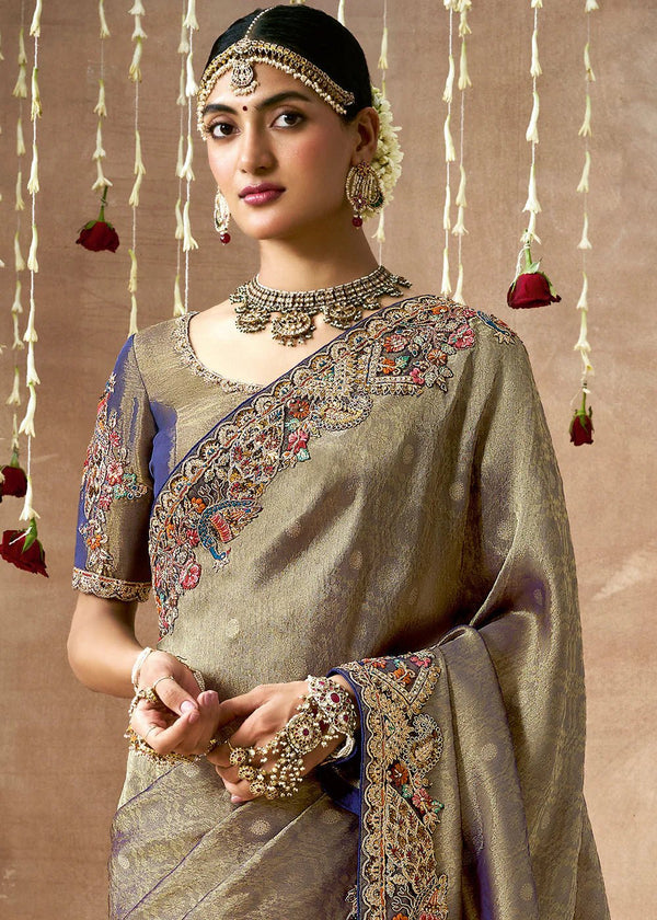 Royal Grey Bridal Zari Woven Pure Tissue Dola Silk Saree