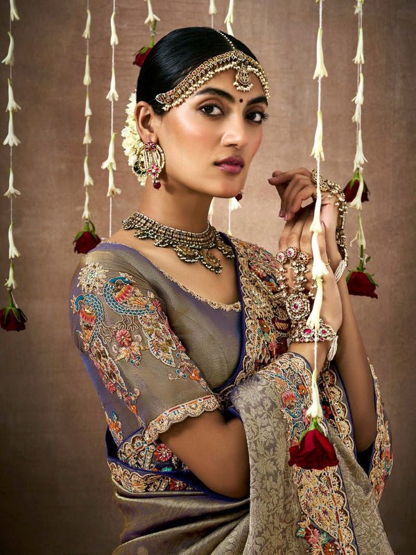 Royal Grey Bridal Zari Woven Pure Tissue Dola Silk Saree