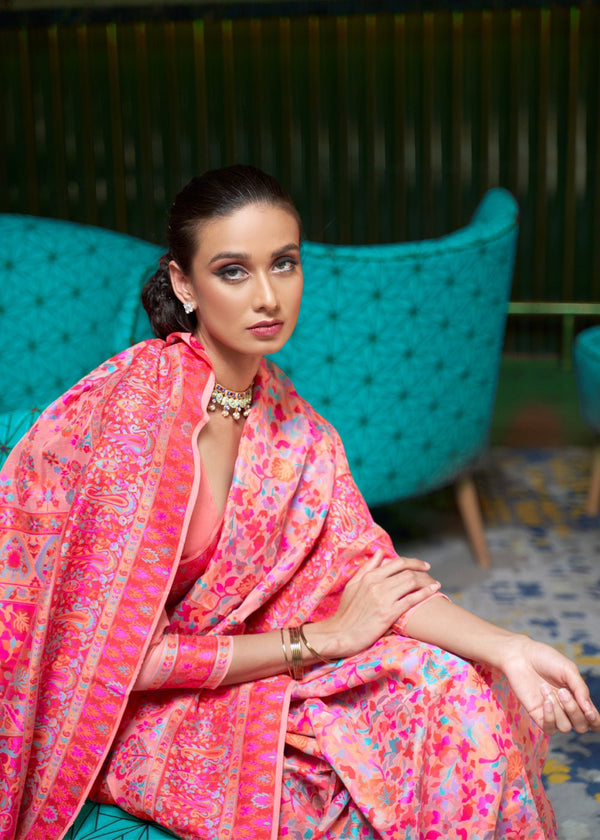 Royal Pink Multicolor Kashmiri Jamawar Woven Saree