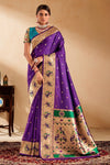 Royal Purple Paithani Silk Saree with Gold Zari Peacock Motif Pallu