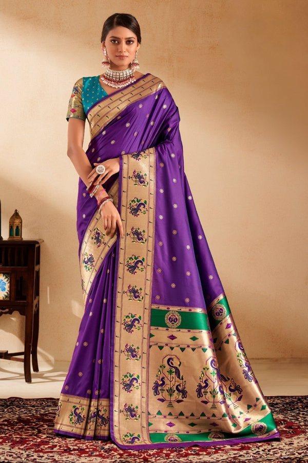 Royal Purple Paithani Silk Saree with Gold Zari Peacock Motif Pallu