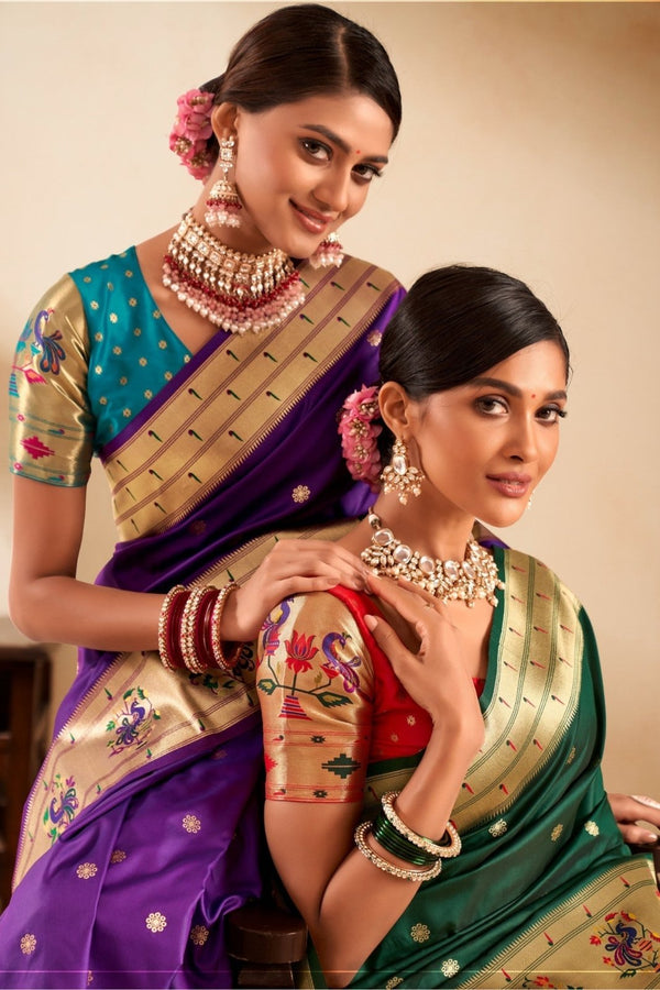 Royal Purple Paithani Silk Saree with Gold Zari Peacock Motif Pallu