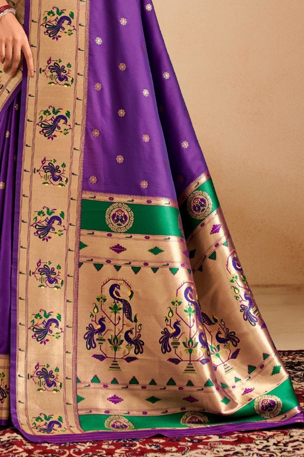 Royal Purple Paithani Silk Saree with Gold Zari Peacock Motif Pallu