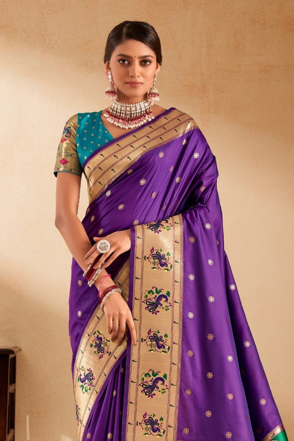 Royal Purple Paithani Silk Saree with Gold Zari Peacock Motif Pallu