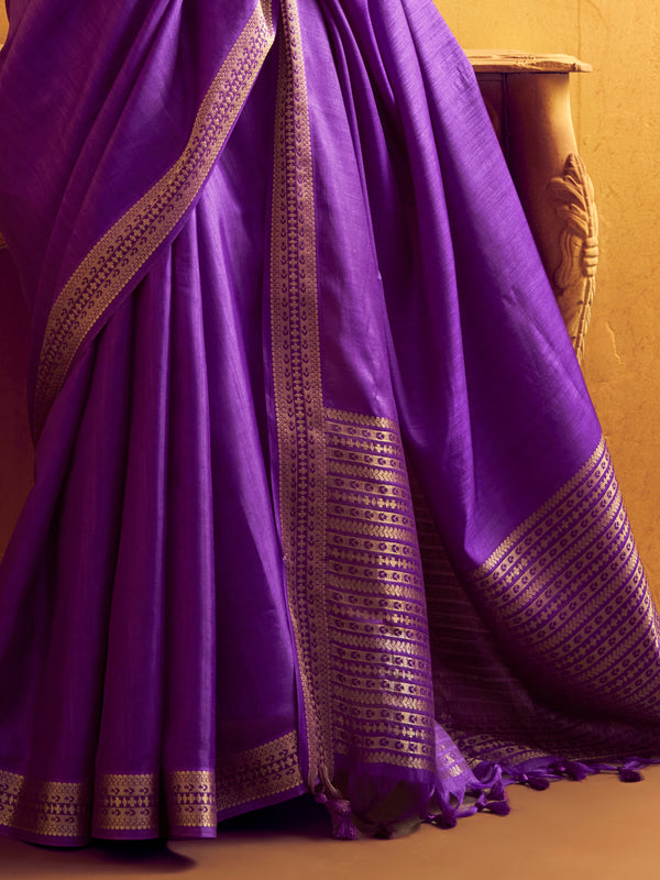 Royal Purple Woven Designer Tussar Silk Saree, border and drape