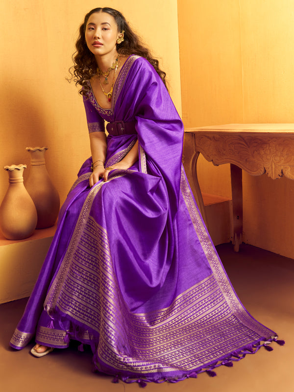 Royal Purple Woven Designer Tussar Silk Saree