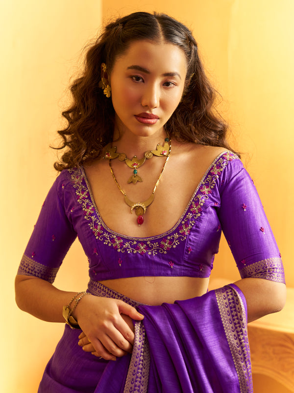 Royal Purple Woven Designer Tussar Silk Saree, blouse close-up