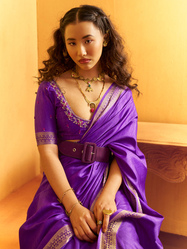 Royal Purple Woven Designer Tussar Silk Saree, blouse close-up
