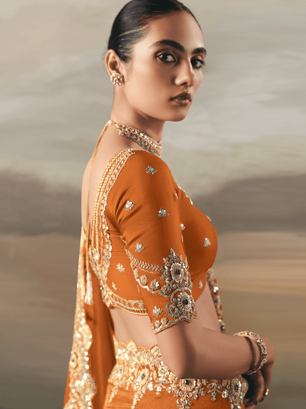 Rust Orange Embroidered Designer Organza Silk Saree