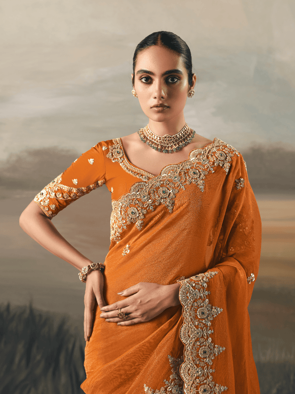 Rust Orange Embroidered Designer Organza Silk Saree