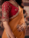 Rust Orange Embroidered Designer Organza Silk Saree With Contrast Blouse